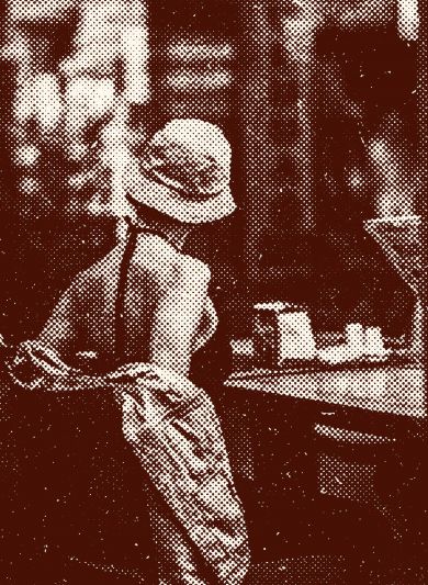 Woman in a hat stands at a counter, turning slightly, in a retro, halftone-style image.