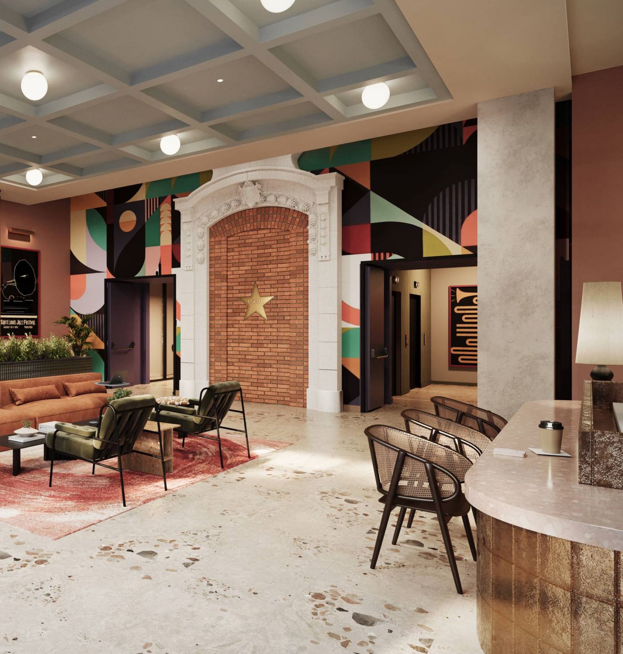 LOCAL On Delmar apartments Modern lounge with a brown sofa, chairs, plants, and colorful wall art in a spacious, stylish room.