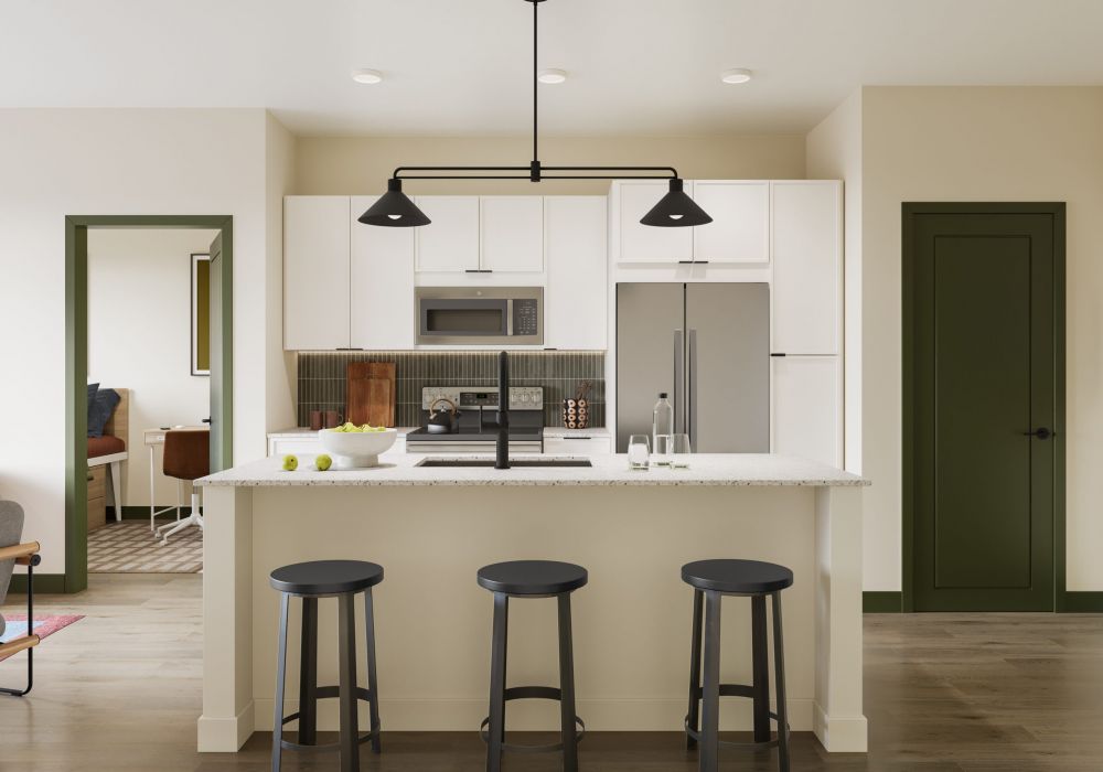 LOCAL On Delmar apartments bathroom rendering with white vanity and modern furnishings