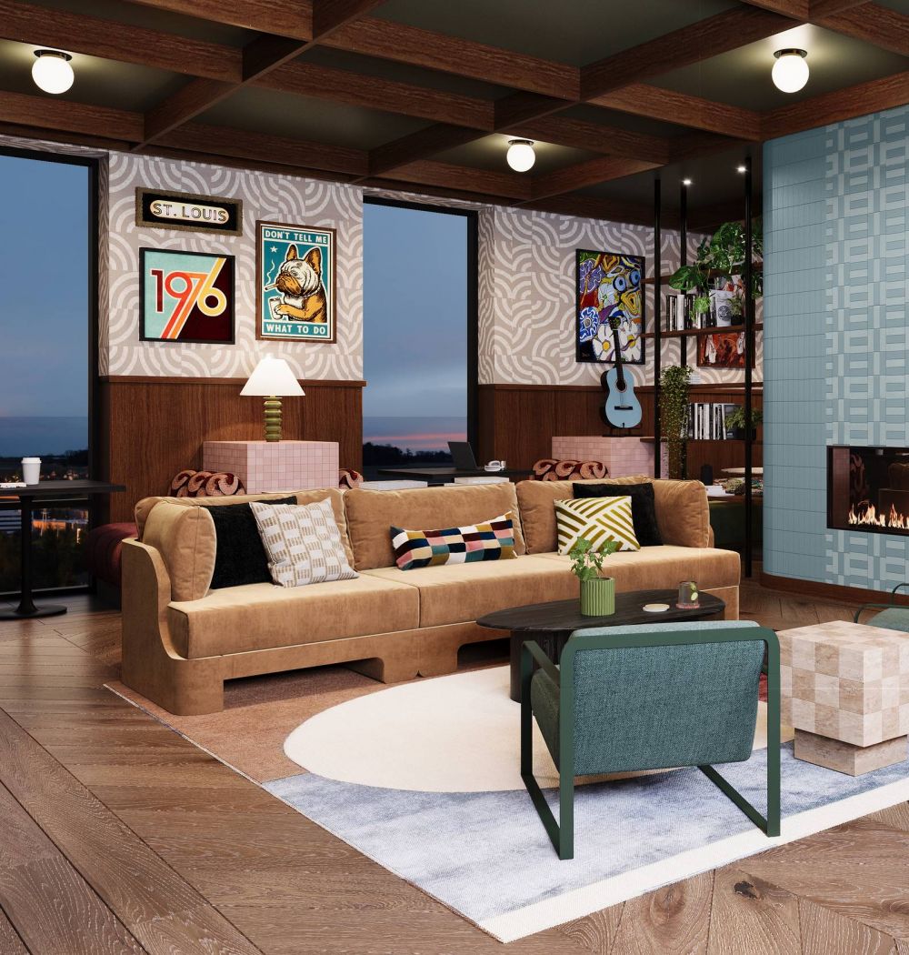 LOCAL On Delmar apartments Modern living room with colorful decor, a blue tiled fireplace, and contemporary art on the walls.