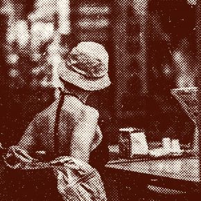Woman in a hat stands at a counter, turning slightly, in a retro, halftone-style image.