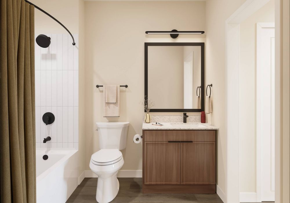 LOCAL On Delmar apartments bathroom rendering with white vanity and modern furnishings