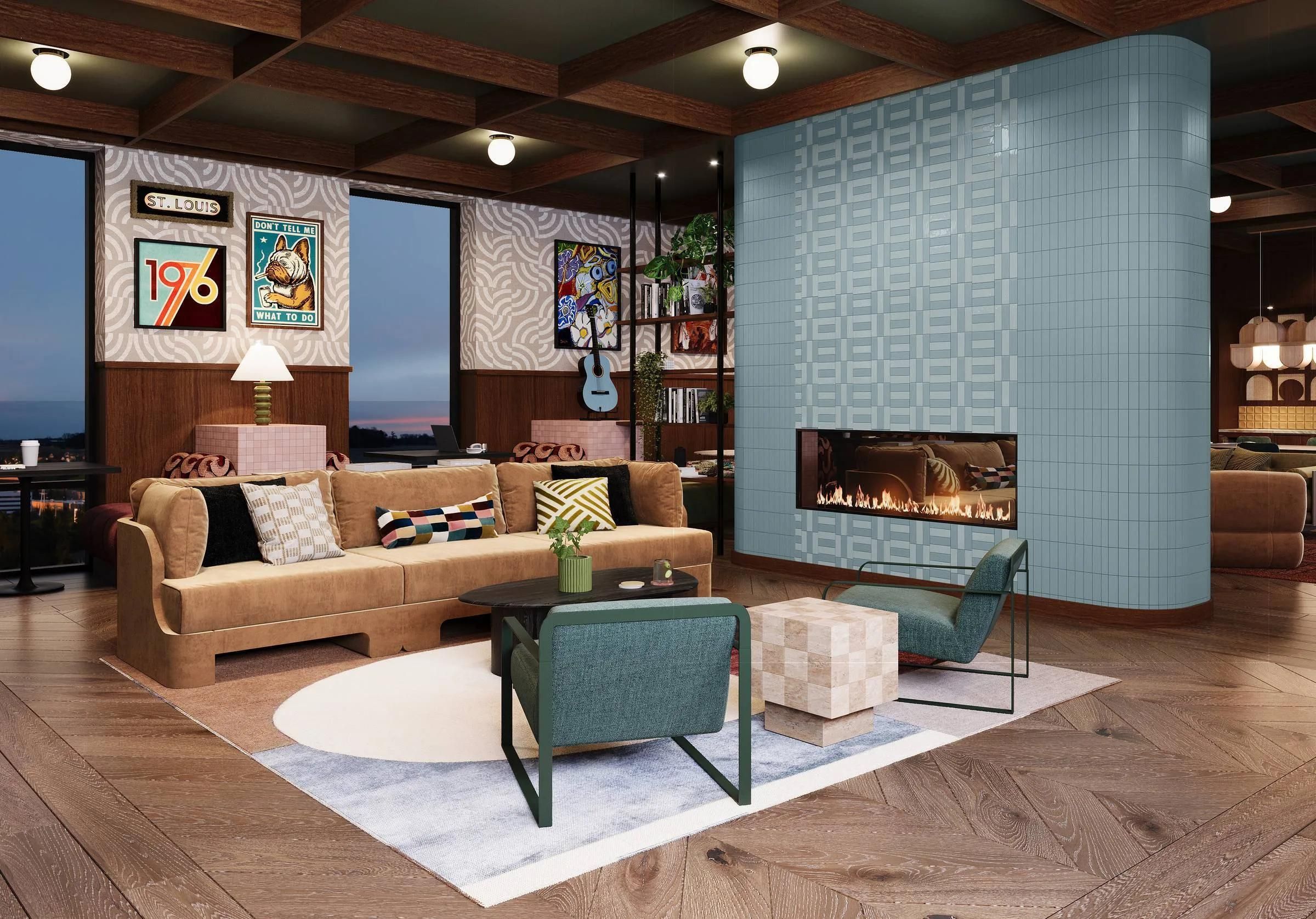 Modern living room with retro decor, colorful furniture, wall art, and a blue-tiled fireplace.