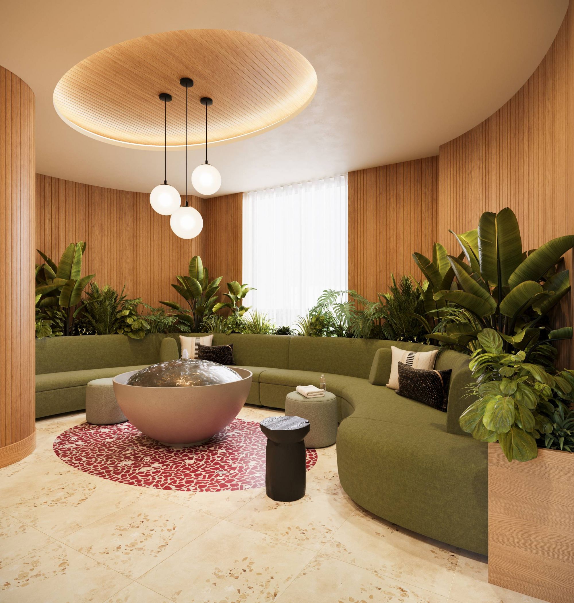 LOCAL On Delmar apartments Modern lounge with curved green sofa, round coffee table, indoor plants, and pendant lights on a red rug.