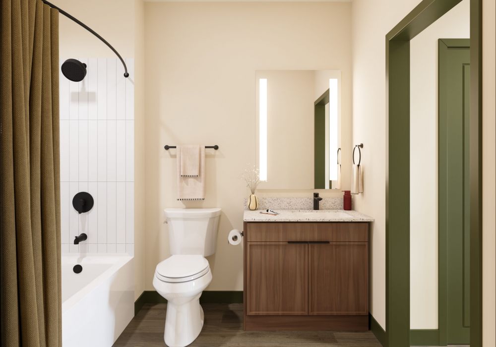 LOCAL Nashville apartments bathroom rendering with bright modern shower with white tile and glass door