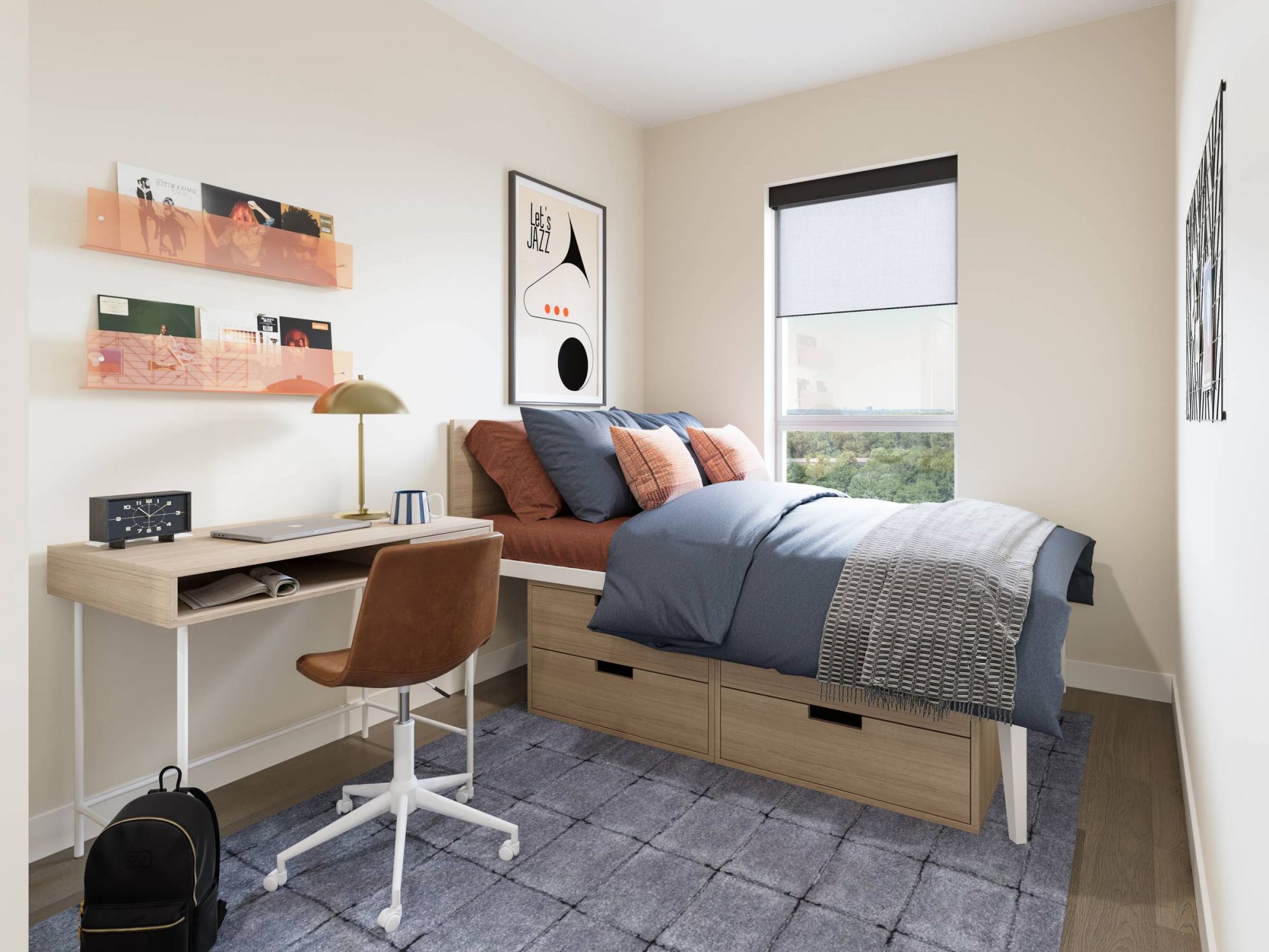 LOCAL On Delmar apartments Modern bedroom with a desk, chair, single bed with storage drawers, and a window letting in natural light.