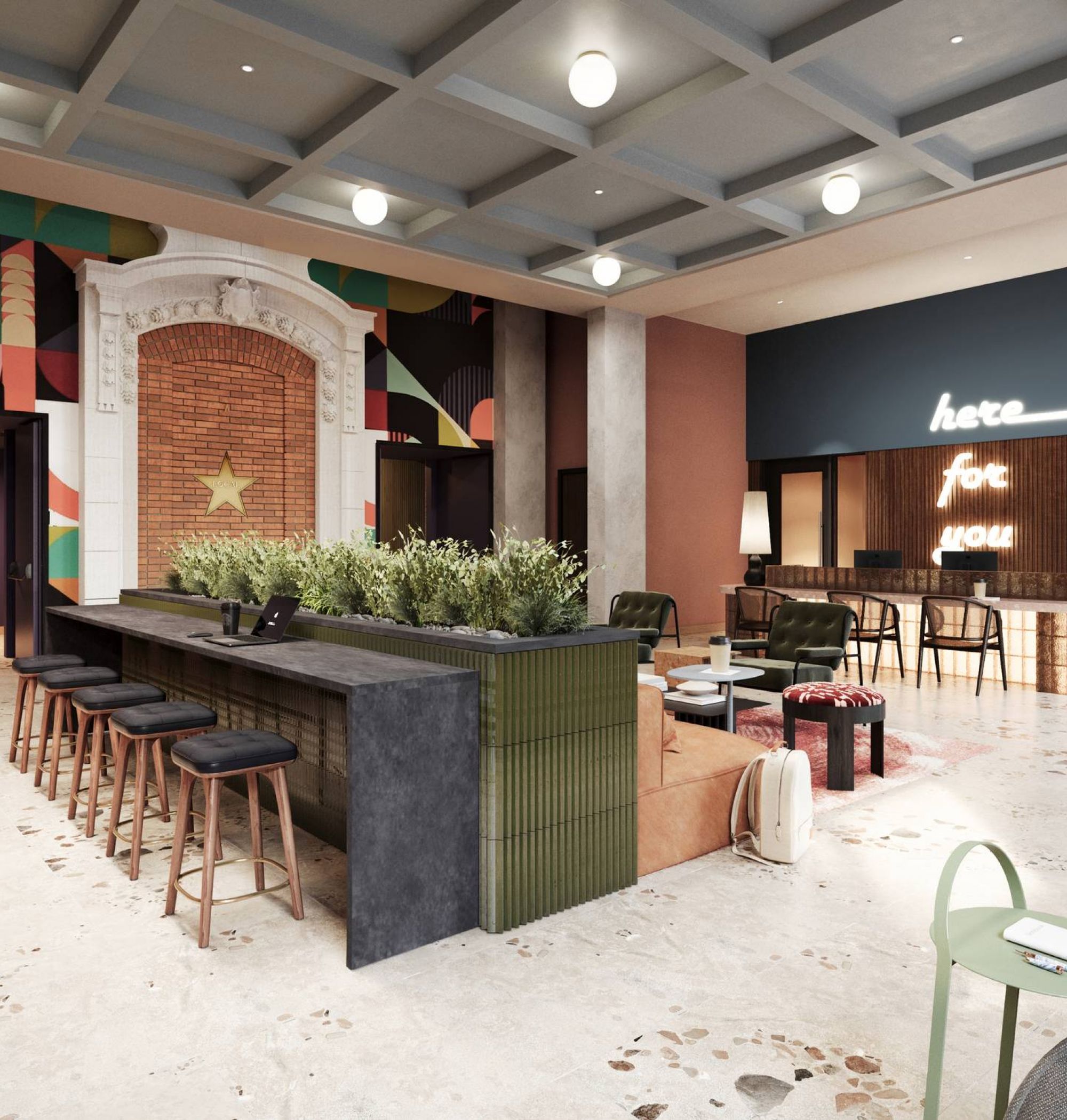 LOCAL On Delmar apartments Modern lobby with a bar counter, stools, abstract wall art, plants, and a neon "here for you" sign.