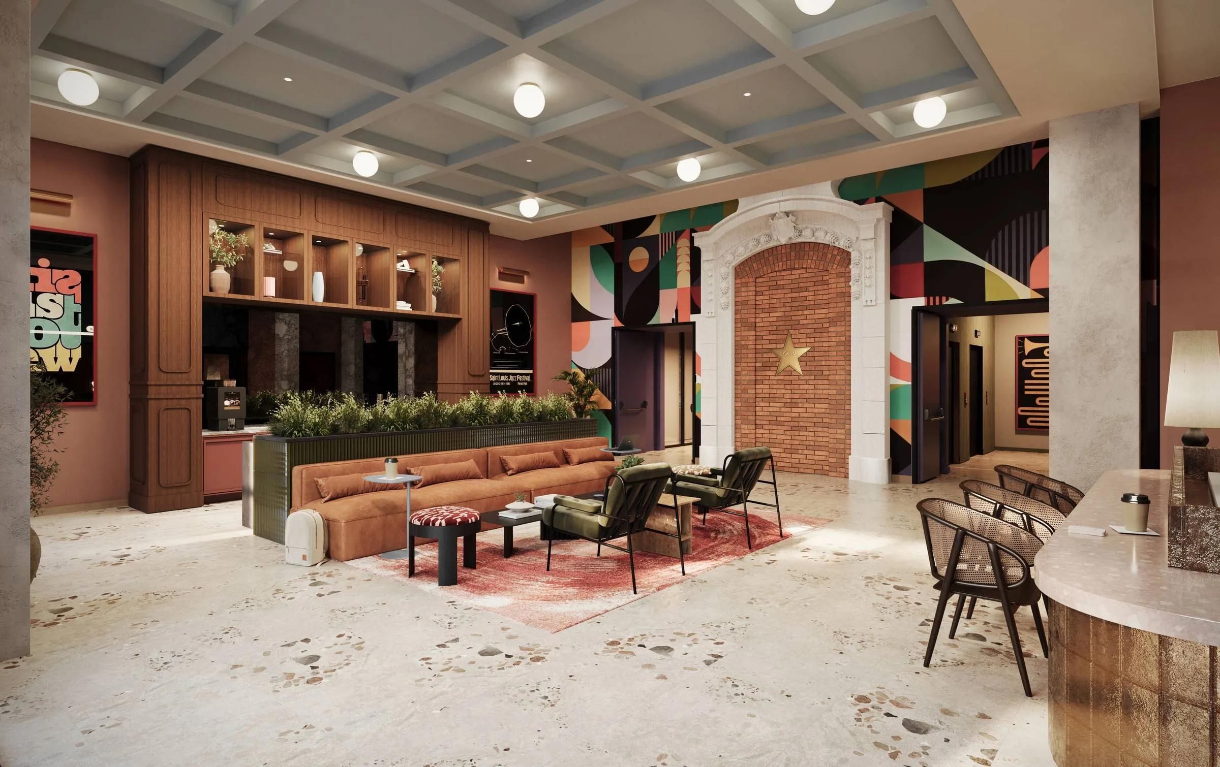 Modern lounge with a brown sofa, armchairs, kitchen area, abstract wall art, and decorative brick arch.