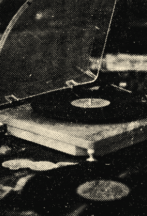 A blue record player with a vinyl record spinning, surrounded by records and album covers.