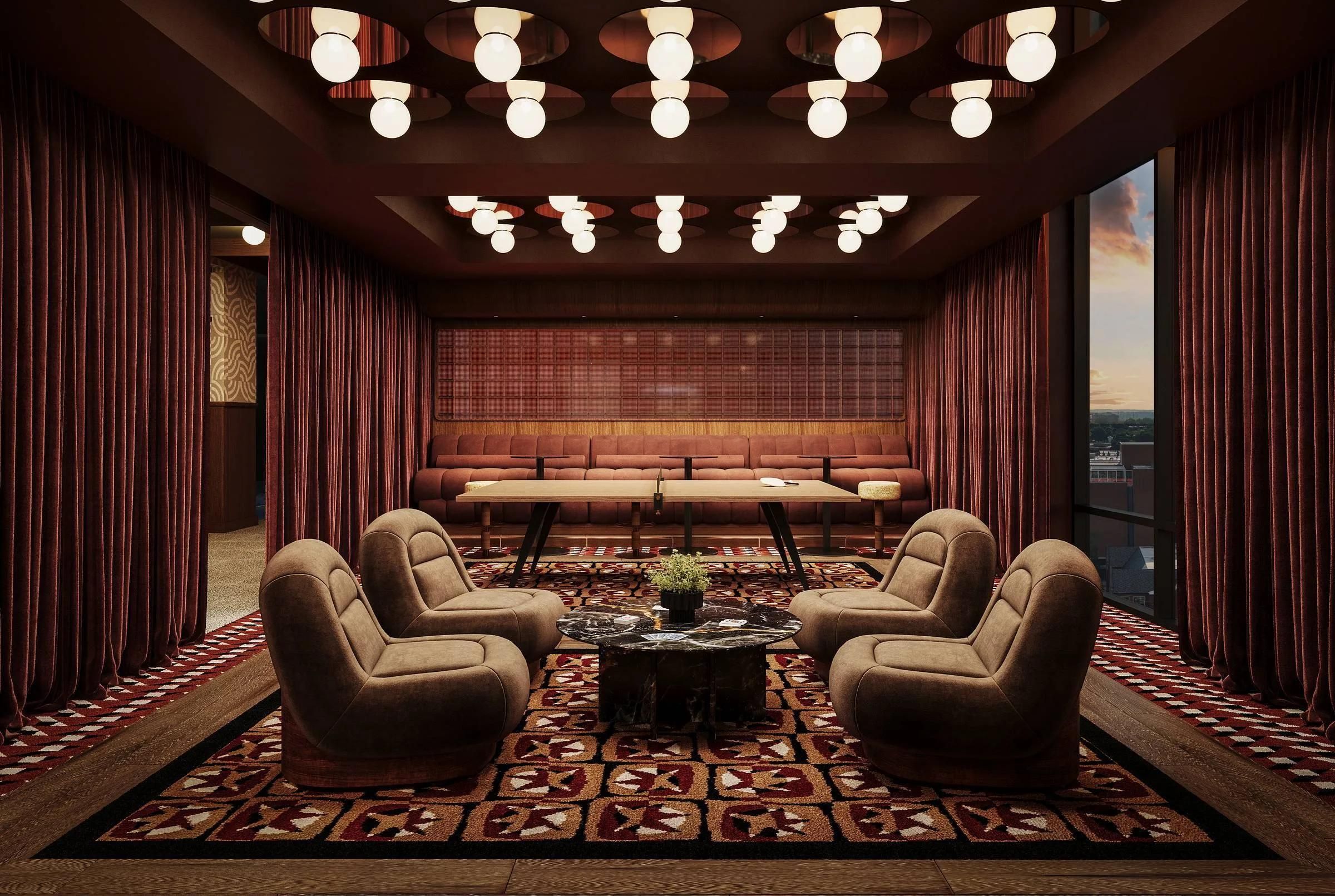 Luxurious lounge with plush chairs, a marble table, patterned rug, and round ceiling lights, framed by burgundy curtains.