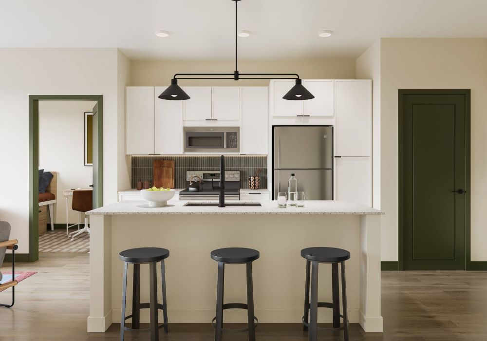 LOCAL On Delmar apartments bathroom rendering with white vanity and modern furnishings